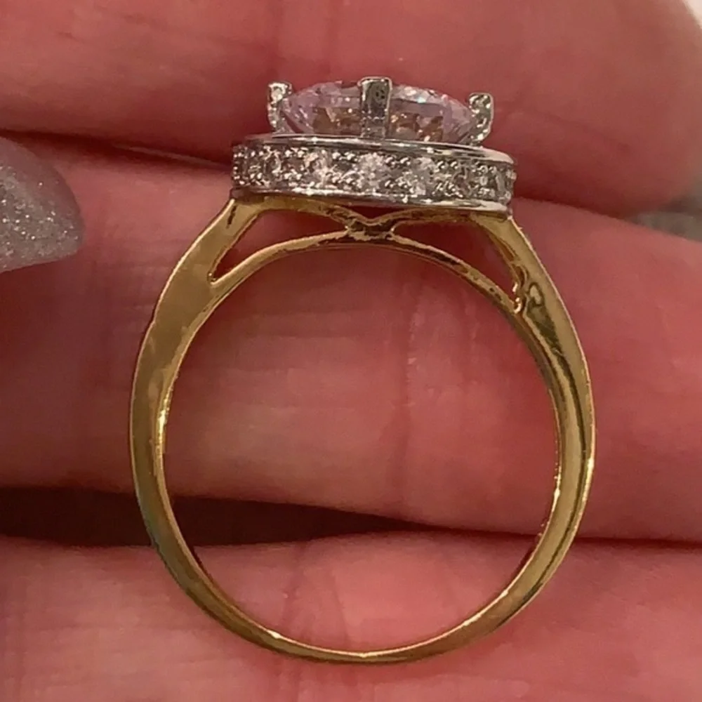 Gold silver tone large faux Diamond solitaire statement cocktail ring
